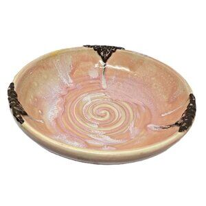 Ceramic Studio Pottery Bowl, Pink, Yellow with Brown Accents, 10"